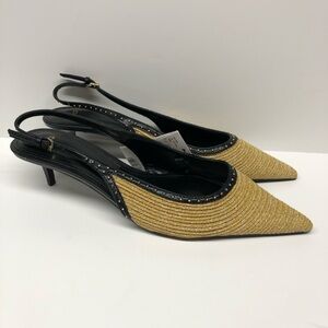 NEW Mango MNG 9.5 / 41 tan Black Womens Slingback kitten Heels studs pointed toe